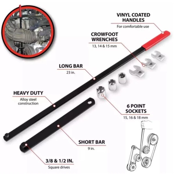Unbranded 8PC Serpentine Belt Tension Tool 1/2" 3/8" Square Universal