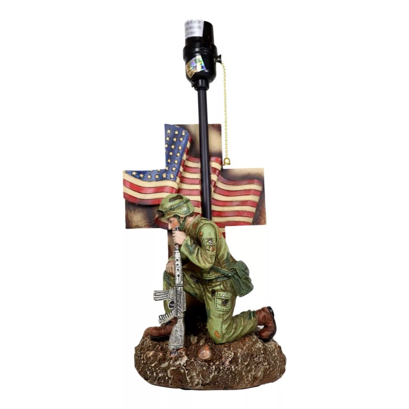 Patriotic Soldier With Rifle Kneeling By American Flag Cross Memorial