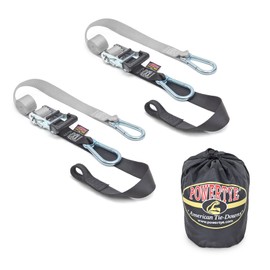PowerTye - Made in USA - Heavy Duty Ratchet Tie Down Straps with Carabiner Hooks, Soft-Tye & Storage Bag, for Motorcycle, ATV, Trailer & Cargo, 1,000 lb WLL, 1.5 inch x 6.5ft Long, Silver/Black (pair)