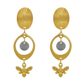 LES POULETTES BIJOUX - Golden Brass Nail Earrings Circle Coloured Pellet and Bee, enamel, Enamel