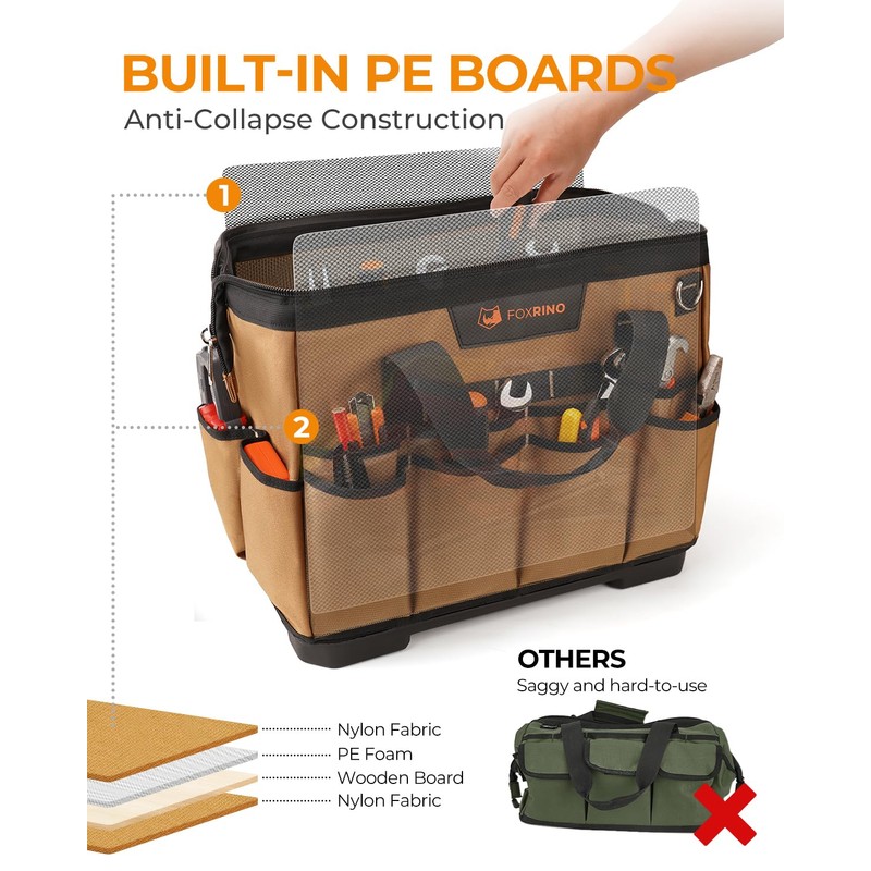 Foxrino Heavy Duty Tool Bag 16-Inch, 42-Pocket Portable Empty Tool