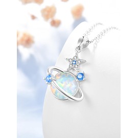 KINGWHYTE Planet Necklace 925 Sterling Silver White Opal Pendant Celestial Star Jewellery Birthday Gifts for Women, Opal