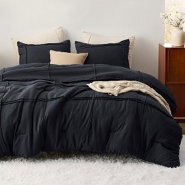 Bedsure Queen Comforter Set with Sheet - 4 Pieces Soft Black Bedding Sets, Grid Pinch Pleat, All Season Lightweight Fluffy Bed Set with Solid Boho Comforter, Pillowcases & Sheet