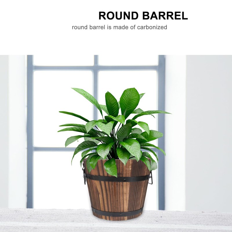 Happyyami Wooden Round Barrel Planter Retro Style Flat Mouth Flower