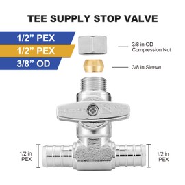 WMAXPFIT Tee Stop Valve(1 PACK), 1/2" PEX x 1/2" PEX x 3/8" OD Compression, PEX, PE-RT Pipe, 1/4 Turn Shutoff Valve Chromed LF Brass (1/2" PEX X 1/2" PEX X 3/8" COMP. VAVLE)