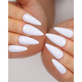 morily 24Pcs Pure White Fake Nails Medium Length Press on Nails Stiletto Almond False Nails Tips Long Acrylic Glossy Stick on Nails Solid Color Full Cover Finger Manicure for Women (White)