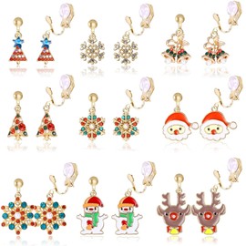 FIBO STEEL 9Pairs Clip On Christmas Dangle Earrings for Women Santa claus tree snowman snowflake No Piercing Clip-on Drop Earrings Set with Bells Style