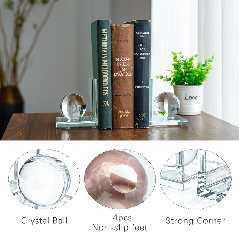 1 Pair Crystal Bookends with Crystal Ball Decorative Ornaments,L Shape