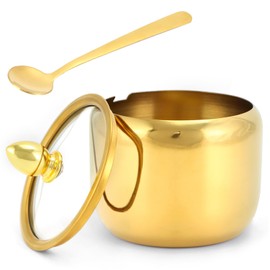 QWORK Gold 304 Stainless Steel Sugar Container with Airtight Glass Lid & Matching Spoon, 10 oz Bowl for Kitchen, Coffee Bar, Restaurant Use