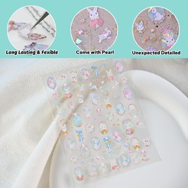CESTSIREN Floral Bunny Nail Art Stickers, Pearl Nail Decals, Self-Adhesive, Cute Rabbit Nail Accessories for Women, Nail Decorations