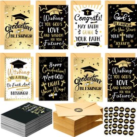 Motiskyy 48 Pack Religious Graduation Cards with Envelopes and Stickers Black Gold Foiled Christian Grad Greeting Cards 6 Elegant Designs for Graduation Gift Party Supplies