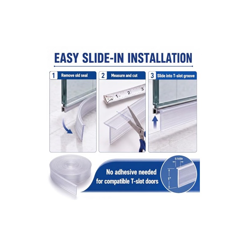 108-Inch Shower Door Bottom Seal Strip - Clear Silicone Replacement