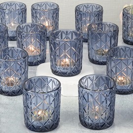 24pcs Blue Votive Candle Holders, Glass Votives Candle Holder in Bulk for Table Centerpieces, Tea Lights Candle Holder for Wedding Party Holiday Decor (Blue,24)