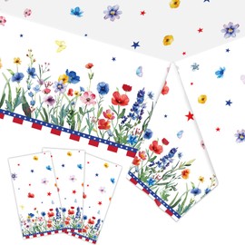 SpinLaLa 3-Piece 54 x 108 Inch 4th of July Plastic Tablecloth – Red White Blue Disposable Table Cover with Wildflowers and Butterflies for Memorial Day, Garden Parties, Baby Showers, Picnics
