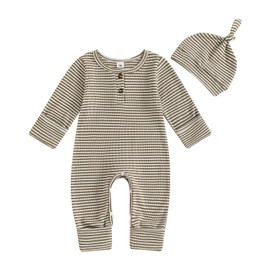 Kuriozud Newborn Infant Unisex Baby Boy Girl Clothes Button Romper Jumpsuit Basic One Piece Outfits Striped Long Sleeve with Mittens Khaki, 0-3 Months