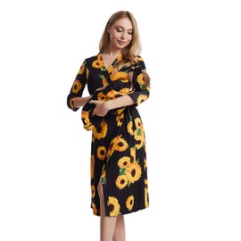 Galabloomer Maternity Robe and Baby Receiving Blanket, Matching Mommy Labor Delivery Robe and Swaddle Set (M, Black Sunflower)
