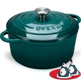 Overmont Enameled Cast Iron Dutch Oven - 7QT Pot with Lid Cookbook & Cotton Potholders - Heavy-Duty Cookware for Braising, Stews, Roasting, Sourdough Baking bottle green