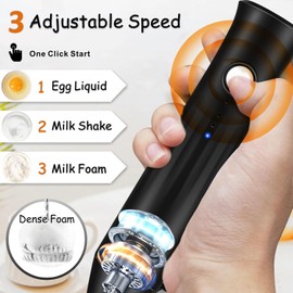 Milk Frother Handheld Rechargeable USB C, 3-in-1 Coffee Frother Wand Drink Mixer Electric Whisk Stirrer with 3 Detachable Stainless Steel Heads, 3 Speed Powder Mixer Foam Maker for Latte, Matcha,Black