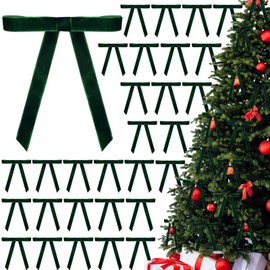 30 Pcs Christmas Velvet Wreath Bow, 5 x 7 Inch Vintage Velvet Ribbon Bows Rustic Crafts Gift Bows for Indoor Outdoor Wreaths Garland Holiday Xmas Tree Wrapping Crafts (Dark Green, Width of 5/8")