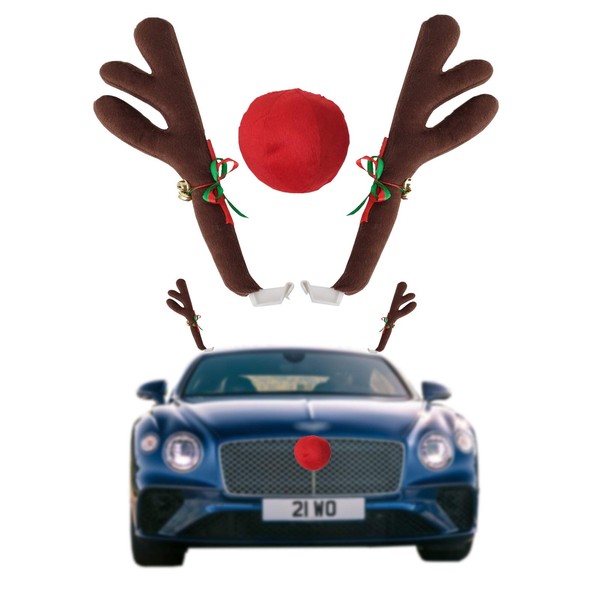 Car Reindeer Antlers & Nose - Window Roof-Top & Grille Rudolph Reindeer Jingle Bell Christmas Costume - Auto Accessories Decoration Kit Best for Car SUV Van Truck, Xmas Gift Set (Type-1)