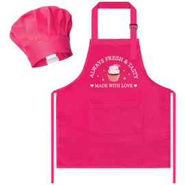 R HORSE Kid Apron and Chef Hat Set 2Pcs Adjustable Pink Children Kitchen Apron, Dress up Role Play Chef Toy Funny Cooking Baking Painting and Training Kits for Kids Birthday Holiday Gift