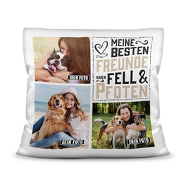 PfotenSchild Dog Cushion with Filling - Photo Collage - Four Legged Friends - Design Yourself with Three Photos - Gift for Dog Owners - White 40 x 40 cm