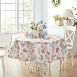 Newbridge Vinyl Round Tablecloth, 70 Inch, Bella Spring Rose and Bird Postcard Print Flannel Backed Table Cloth, Spring Vintage Pink Floralnd