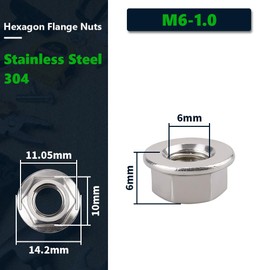 (50 PCS) M6-1.0 Hexagon Flange Nuts with Non-Serrated Flange Washer Head, 304 Stainless Steel, Hex Drive, Full Thread