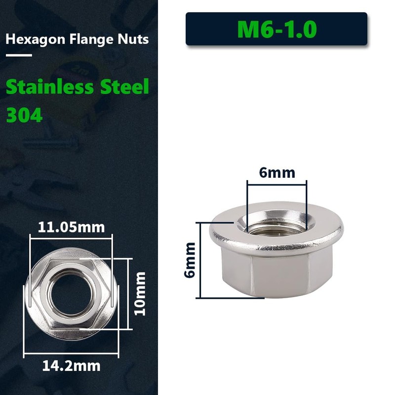(50 PCS) M6-1.0 Hexagon Flange Nuts with Non-Serrated Flange Washer