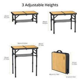 Anbte 2ft Camping Table Foldable with Storage Net, 3 Adjustable Heights Aluminum Small Folding Table, Lightweight, Portable Handle, for Travel Outdoor Beach Camping Picnic, 23.2" x 16", Yellow
