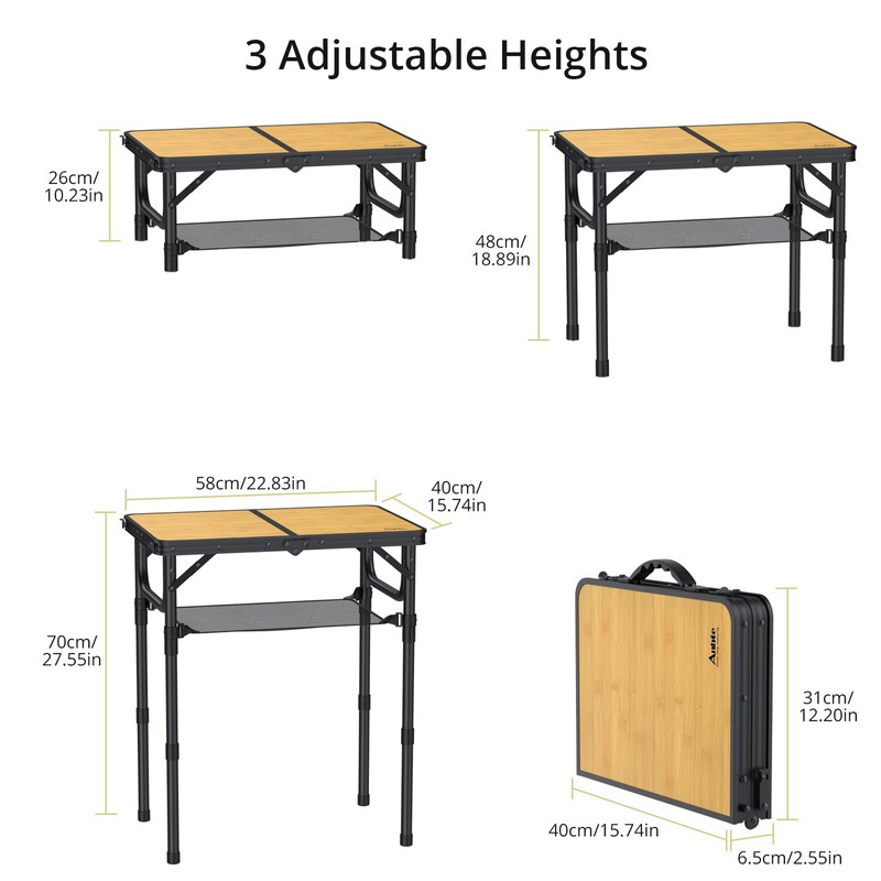 Anbte 2ft Camping Table Foldable with Storage Net, 3 Adjustable