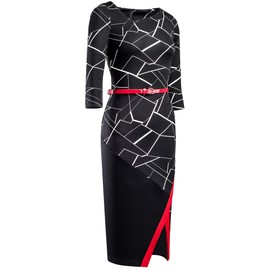 HOMEYEE Women's Elegant Patchwork Sheath Sleeveless Business Dress B290(10, Black Geometry)