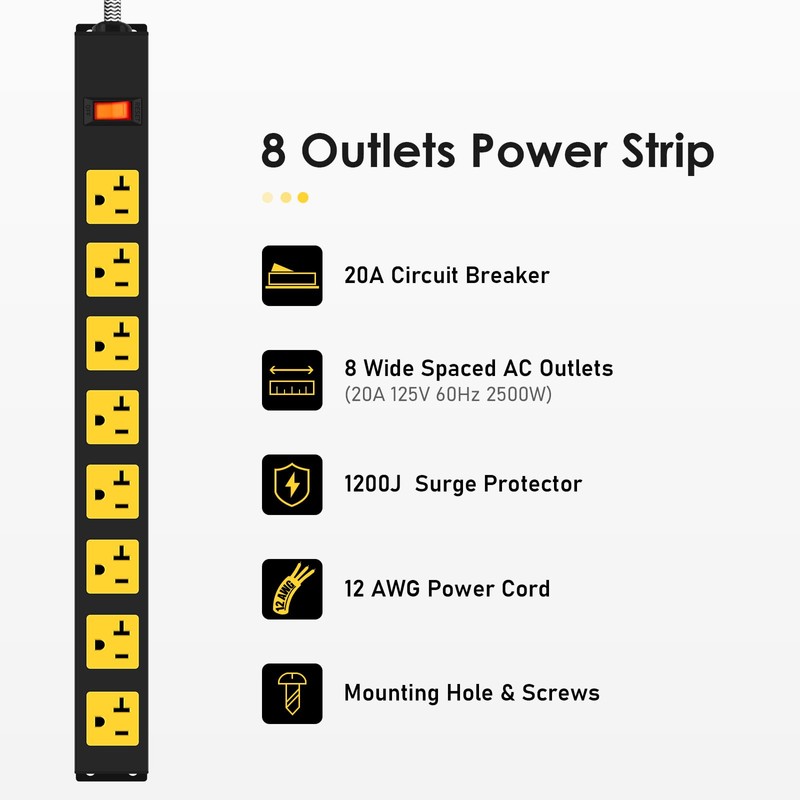 20Amp Power Strip Surge Protector, Durable Metal 8-Outlets with Heavy