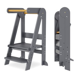 Folding Toddler Tower Kitchen Stand Helper - Standing Tower Foldable w/Safety Rail, Wall Bracket, Adjustable Height - Collapsible Nonslip Stand, Montessori Step Stool for Bathroom Counter & More