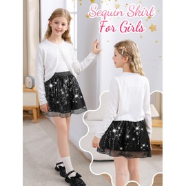 BALAYSIER Glitter Skirt Girls Sequin Skirt with Lining Children's Fringe Skirt Suitable for 6-12 Years, black