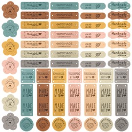 56pcs Handmade Label Leather for Crochet Items, 8 Styles Multicoloured Leather Labels with Holes Embossed Leather Tags for Purses Scarves Clothing Handbags Luggage