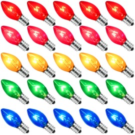 25 Pack C7 Clear Multicolor Christmas Lights Replacement Bulbs(Red, Blue, Green, Yellow, Pink), Hanging Christmas Lights Outdoor Decorations for Christmas Party, E12 Candelabra Base, 5 Watt