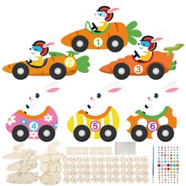 MONCAP Pack of 12 Easter Crafts Children Wind-Up Rabbits with Carrot Easter Wooden Craft Set for Painting Easter Bunnies Creative DIY for Girls Boys Easter Party Bag Spring Easter Gift