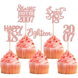 30PCS 18th Birthday Cupcake Toppers Glitter Eighteen Happy 18th Straight Outta 2007 Cupcake Picks for Cheers to 18 Years 18th Birthday Wedding Anniversary Party Decoration Supplies Rose Gold