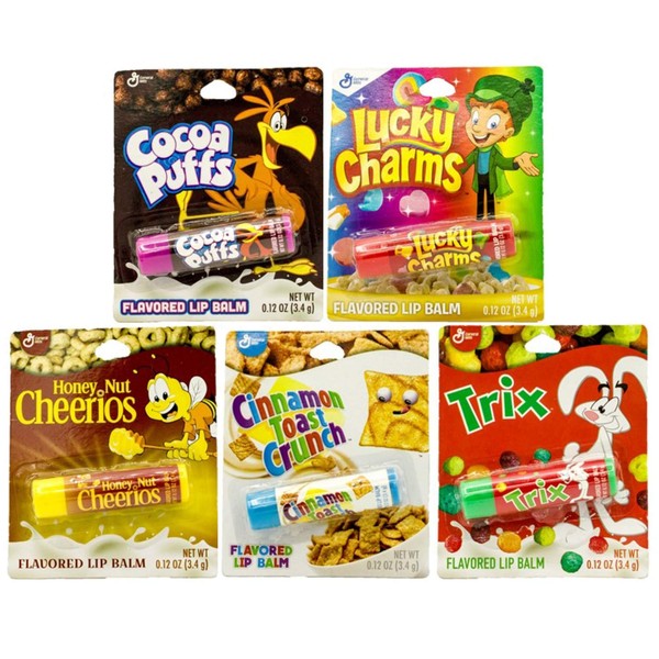 Cereal Flavored Lip Balm Set (5 Pack) Cocoa Puffs, Lucky Charms, Honey Nut Cheerios, Cinnamon Toast Crunch, and Trix