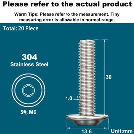 Drenky 20 Pcs Stainless Steel M6 Bolts with Flanged, Pan Head, Rounded Head Screws - Fully Threaded, Rustproof, 30mm