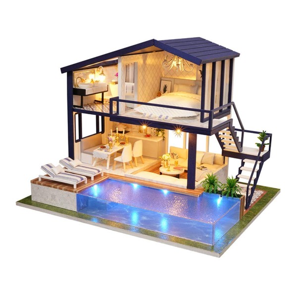 UniHobby DIY Miniature Dollhouse Kit, Time Apartment DIY Dollhouse Kit with Wooden Furniture Light Gift House Toy for Adults
