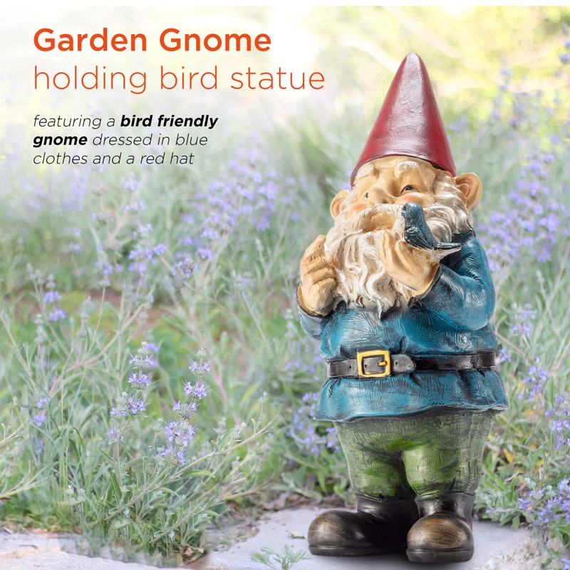 Alpine Corporation 12" Tall Outdoor Garden Gnome with Bird Yard