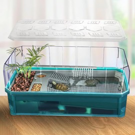 Turtle Tank Habitat Kit - Single Tank Green Medium with Anti Escaping Cover, Detachable Transparent Fence & Basking Platform