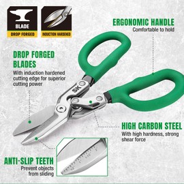 SK 10" Compound Action Tin Snips, Metal Shears with Forged Blade, Heavy Duty Metal Cutter Scissors, Ergonomic Handle for Comfortable Grip
