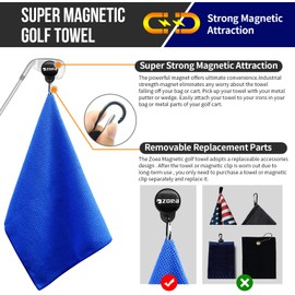 ZOEA Magnetic Towel, Magnetic Clip for Golf Towel, Microfiber Fabric Waffle Pattern Towels Industrial Strength Magnet for Strong Hold to Golf Carts or Clubs (1, Blue 27 * 20)