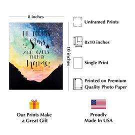 He Counts the Stars and Calls Them By Name- Psalm 147:4- Bible Verse Wall Print- This Watercolor Sky Christain Scripture Wall Art Replica Print makes Ideal Home, Office, Church Decor, Unframed - 8x10”
