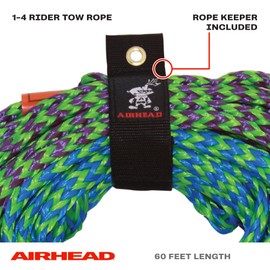 Airhead 2 Section Tow Rope, 1-4 Rider Towable Tube Compatible, Dual Sections, 4,150lb Break Strength, 50 ft and 60 ft Options, Keeper Included
