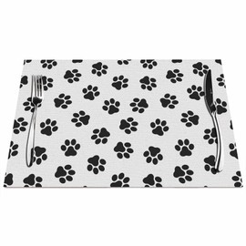 Walmsco Placemats Black Cat Paw Print Decor For Dining Room Kitchen Table,Waterproof Non-Slip Washable Heat Resistant Placemats,Set of 4,12"x18"