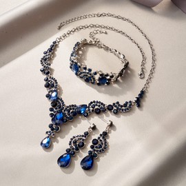 Ever Faith Wedding Jewellery Sets for Brides, Dark Blue Rhinestone Crystal Vintage Floral Vine Teardrop Necklace Earrings Bracelet Set for Women Silver-Tone